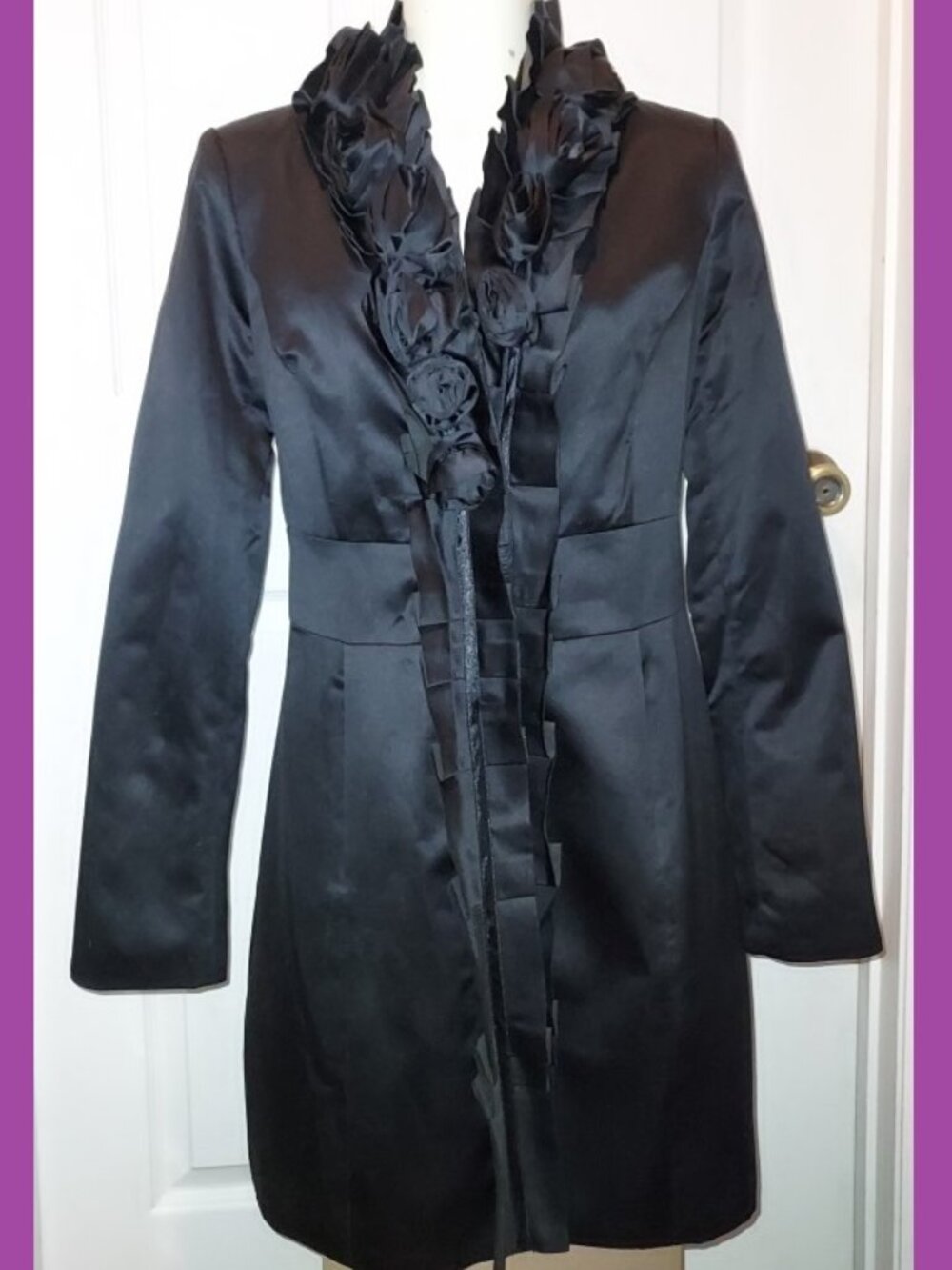 WHBM Black Satin Roses Mid-Length Dress Coat Lined Formal Event size 8